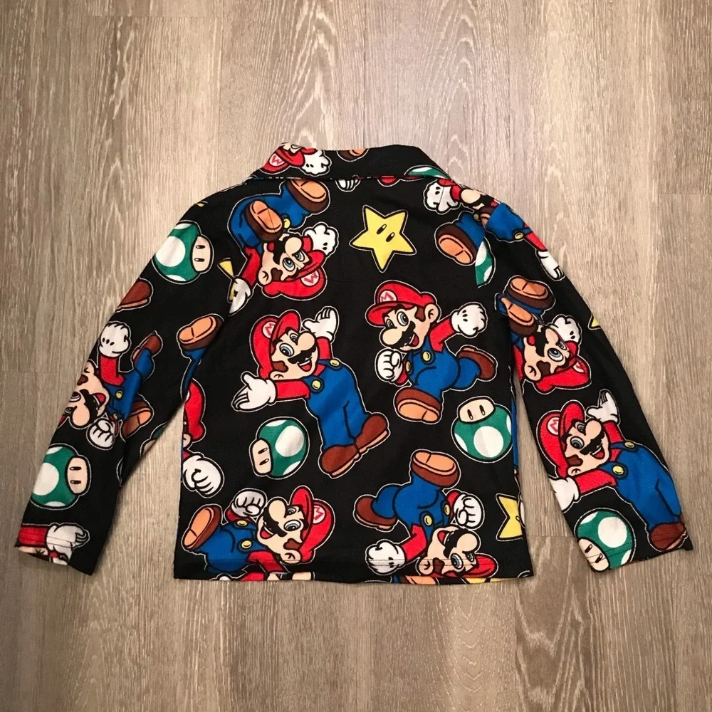 Super Mario Bros Boys‎ Pajama Top Size 6 Fleece Button Down Nintendo Black Shirt